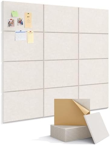 Kuchoow Large Felt Bulletin Cork Board Self-Adhesive Beige Pin Wall Tiles, 48'' x 36'' Rectangular Vision Tack Panels for Classroom Office Display 12 Pack Corkboard for Kitchen Bedroom Home Decor