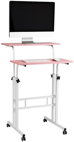 Mind Reader Standing Desk, Adjustable Height Laptop Workstation, Portable Rolling Desk on Wheels, Two-Tier Metal Frame, Pink