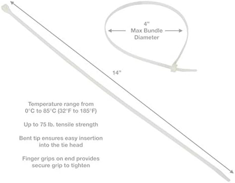 Gardner Bender 45-315 Cable Tie, 14 Inch., 75 lbs. Tensile Strength, Wire / Cord Management Industrial and Household Use, Nylon Zip Tie, 8 Pk., Natural