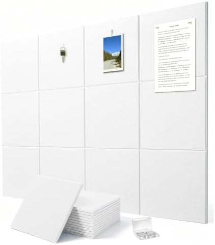 Felt Wall Tiles Bulletin Board Large Cork Board Alternative 12 Pack 11.81”x11.81”x0.47” Felt Pin Board Tack Board with Safe Removable Adhesive Tabs for Home Office School 48x36(White)