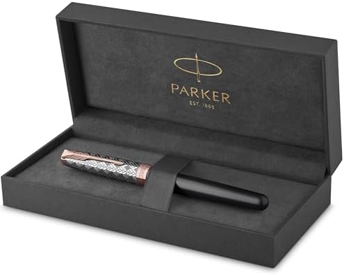 PARKER Sonnet Fountain Pen | Premium Metal and Grey Satin Finish with Rose Gold Trim | Fine 18k Gold Nib with Black Ink Cartridge | Gift Box