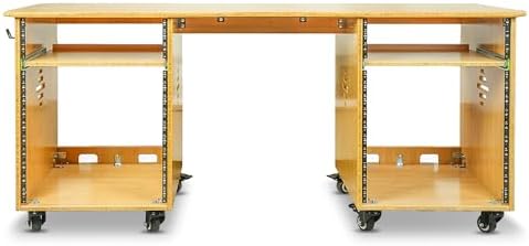 Sound Town Studio Desk Workstation with Dual 13U Side Rack Cabinets, Slide-Out Trays, Casters, for Recording Rooms and Home, Solid Carbonized Bamboo (SDRK-WS69CB)