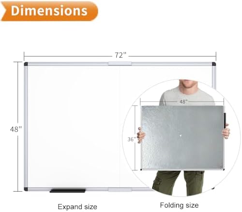 VIZ-PRO Magnetic Dry Erase Board, 72 X 48 Inches, Foldable Wall-Mounted Whiteboard with Silver Aluminum Frame & Marker Tray for School Office and Home 6' X 4'