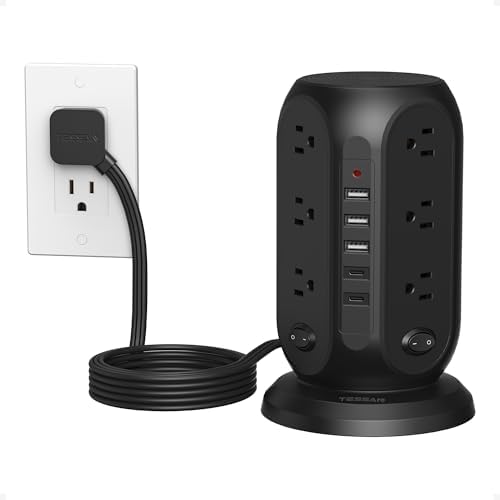 TESSAN Tower Power Strip Surge Protector, Flat Extension Cord 10 Ft,Black