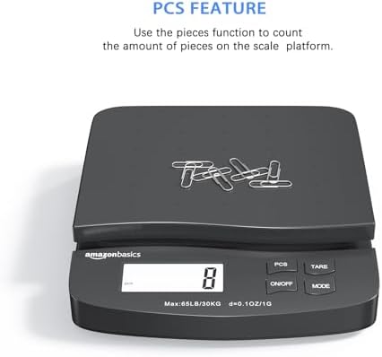 Amazon Basics Digital Postal Shipping Scale with Tare Function, AC Adapter, 65 lb Capacity, 0.1 oz Readability, LCD Display, Black