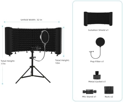 Microphone Isolation Shield – Foldable & Adjustable Soundproof Panel for Recording, Podcasting, Vocal Booth, Studio & Home Use (Six-sided low stand)