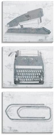 The Stupell Home Décor Collection Textured Muted Blue Office Supplies Stapler Typewriter and Paperclip Trio Stretched Canvas Wall Art, 16 x 20, Multi-Color