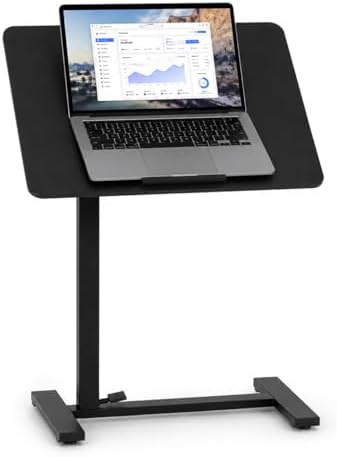 Mobile Standing Desk Adjustable Overbed Table, Pneumatic Height Adjustable Rolling Laptop Desk with Hidden Wheels, 0-180°Tilt Top Rolling Computer Cart Foldable for Home Office, Craft & Study, Black