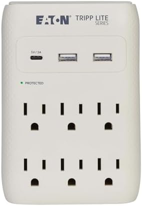 Eaton Tripp Lite SK60C Wall Surge Protector Power Strip & USB Wall Charger, 6-Outlet Extender, 1 USB-C + 2 USB Ports, 1080 Joules, Multi-Plug Outlet Splitter, Gray, Lifetime Manufacturer's Warranty