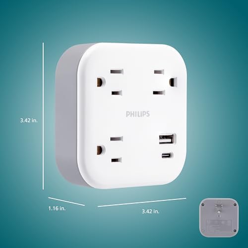 Philips EZFit 3-Outlet Surge Outlet Extender with USB, 1 USB-A, 1 USB-C