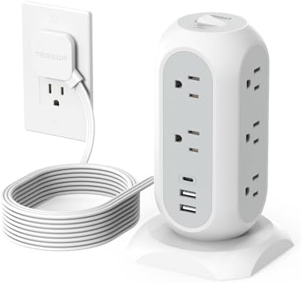 TESSAN Tower Power Strip Flat Plug with 1050J Surge Protection, 10 Ft, Grey
