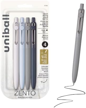 uniball™ Zento Gel Pens, Black Ink, 0.7mm Medium Point, Retractable, 4 Count, Smooth Writing, Quick-Drying, No Smear, No Bleed, Zen Barrel Colors