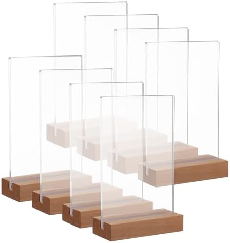 8 Pack Clear Acrylic Sign with Wood Base T Shape Sign Holder Vertical Acrylic Blank Stands Desktop Display Plastic Menu Frames Double Sided Flyer Stand for Wedding Restaurant Party Decoration