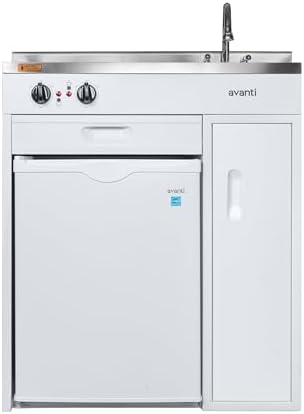Avanti Full Compact Kitchen, Built in Kitchenette with Stainless Steel Countertop with Sink and Chrome Faucet, Two Element Cooking Range, 2.2 Cu.Ft. Refrigerator & Storage Space, 30-Inch, White