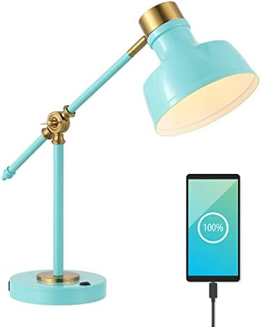 JONATHAN Y Allegra Metal Task Desk Lamp USB Port 18.5", Cyan/Brass Gold
