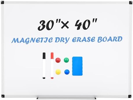 Simple Deluxe Magnetic Dry Erase Board 40" x 30" Whiteboard, 1 Dry Eraser & 2 Multicolor Markers & 4 Magnetic Pins, Silver Reinforced Aluminum Frame for Home, School, Office