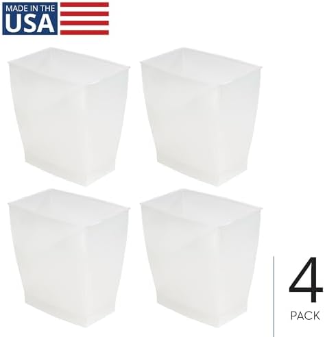 iDesign Small Plastic Bathroom Trash Can, Slim Rectangle, 4-Pack, Frost