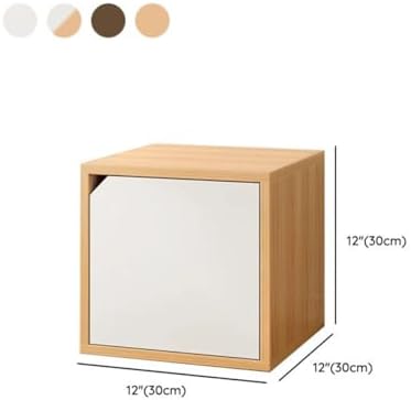 Timber Vertical or Horizontal Organizing Shelf with 1 Cabinet Closed Back Modular Cube Storage Unit, Book Storage Bookshelf Step Shelf Glass Small Bookcase, Square Grid Cabinet White Wood Door
