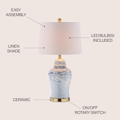JONATHAN Y Wallace Ginger Jar 26" Marble Ceramic Table Lamp, Blue/White