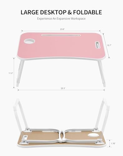 ZEAPTAC Laptop Bed Desk, Foldable Lap Desk, Portable Lap Table, Laptop Stand with Cup Holder, Tablet Slot & Lifting Handle for Work, Write, Draw & Eat on Bed, Sofa or Couch - Pink