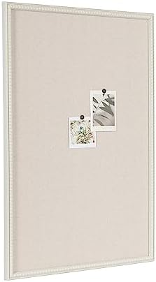 Kate and Laurel Makenna Rectangle Framed Linen Fabric Pinboard; 24 x 36; Soft White; Traditional Beaded Bulletin Board for Vintage Home Wall Organization or Aspirational Vision Board