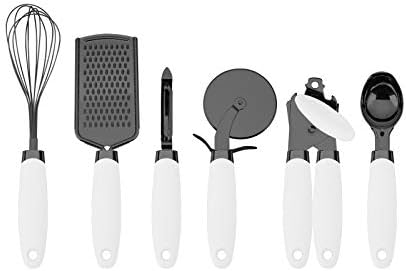 Country Kitchen 6 Pc Essentials Kitchen Stainless Steel Gadget Set Black Gun Metal with Soft Touch White Handles for Cooking