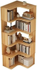 Vertical Wall Corner Shelf with Open Back 6-Shelf Wood Corner Bookshelf Floor Book Rack Multi-Layer Storage Shelf Against the Wall Bookcase Light Walnut 24" L x 24" W x 63" H