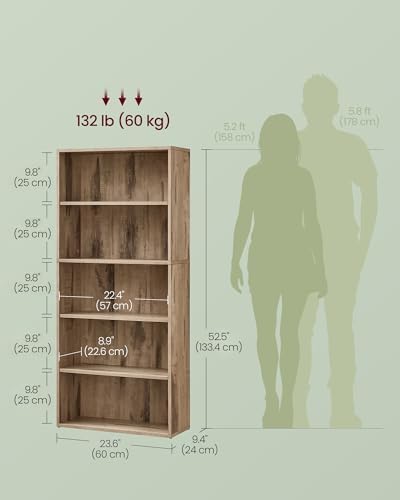 VASAGLE 5-Tier Bookshelf, Storage Organizer, 23.6 x 9.4 x 52.8 Inches