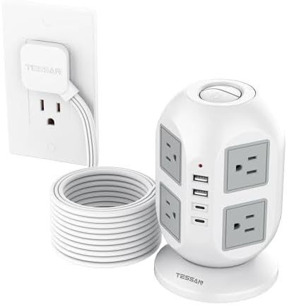 TESSAN Tower Surge Protector Power Strip, 10 ft Long Flat Extension Cord