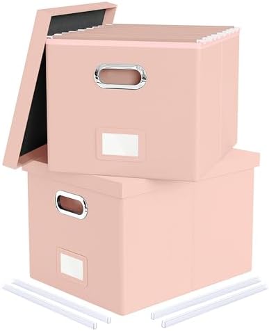 2 Pack File Storage Organizer, Portable File Box with Lid, Fit for Letter/Legal File Folder Storage, Cream-pink (Leather) Box