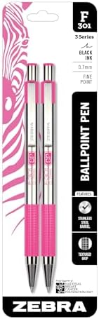 Zebra Pen F-301 BCA Pink Retractable Ballpoint Pen, Black Ink, 0.7mm, 2-Pk