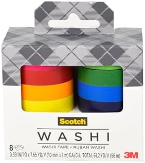 Scotch Washi Tape, Solid Color Rainbow Design, 8 Rolls