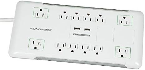 Monoprice Power & Surge - 12 Outlet Surge Protector Power Strip With 2 Built In 2.1A USB Charger Ports - 6 Feet - White | Cord UL Rated, 3,420 Joules With Grounded And Protected Light Indicator