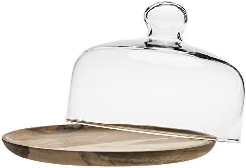 MyGift 7.5 Inch Glass Cloche Dome Dessert Tray with Acacia Wood Base