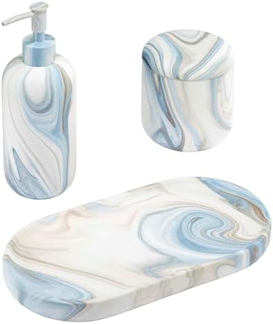 Avanti Linens - Bath Set, 3pc Countertop Accessories, Resin Lotion Pump, Covered Jar & Vanity Tray (Waves Collection, Blue)