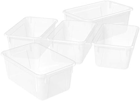 Storex Small Cubby Bins – Plastic Storage Containers for Classroom, 12.2 x 7.8 x 5.1 inches, Translucent, 5-Pack (62461A05C)