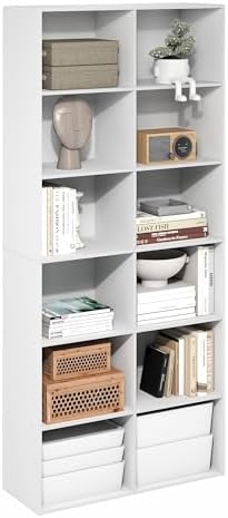 Furinno Basic Book Shelf, 12-Cube Bookshelf, Bookcase with Open Shelf, Cube Storage Organizer, 12 x 32 x 71, for Living Room, Home Office, White