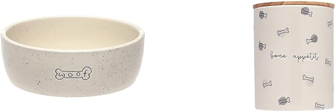 Bundle of Pearhead Woof Ceramic Dog Bowl + Pearhead Bone Appetite Treat Jar, Ceramic and Wood Pet Treat Canister, Modern Neutral Color Home Kitchen Accessories, Dishwasher Safe