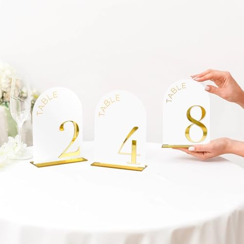 White Arch Wedding Table Numbers 1-20, Gold Numbers and Stands