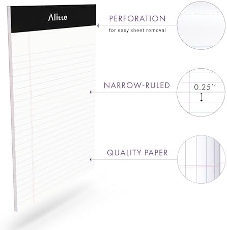 Alitte Legal Notepads 5x8, Pack of 6 - Perforated Narrow Ruled Writing Pad - Premium Thick Paper, No Ink Bleeding - Blank Legal Pads For Home, Office, School, Business - 50 Sheets Per Notebook