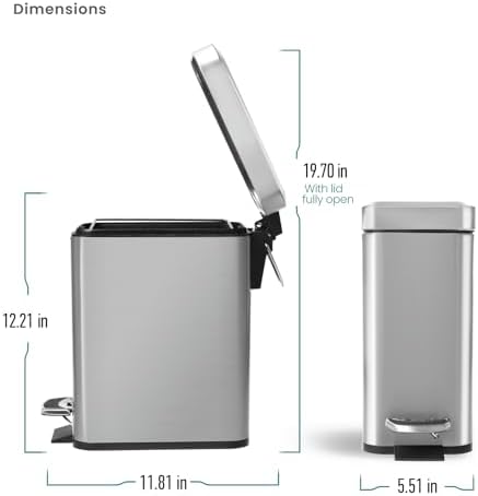 Home Zone Living 3-Pack 1.3 Gallon Small Bathroom Trash Can with Lid and Step Pedal, Stainless Steel Wastebasket with Slim Design for Home and Office, Silver, 5 Liters