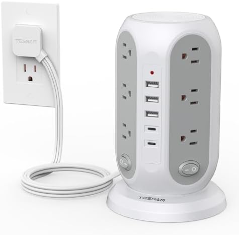 TESSAN Tower Power Strip Surge Protector, Flat Extension Cord 6 Ft, Grey