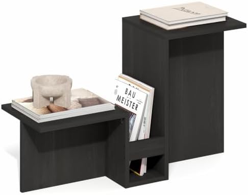 Furinno BOYATE Valley-Shaped Side Table with Open Shelf, Espresso | Compact, Narrow, Tiered Levels and Magazine Rack, High-Low Tabletop, End Table, for Living Room, Bedroom