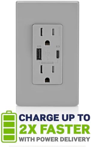 Leviton T5634-G 60W (20V@2.5A+ 5V@2A) USB Dual Type A/Type-C Power Delivery in-Wall Charger with 15A Tamper-Resistant Outlet, USB Charger for Smartphones, Tablets, Laptops, Gray