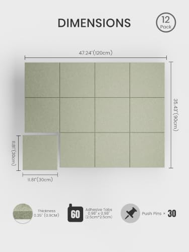 Bumusty 48"x 36" Large Felt Bulletin Board Tiles, Sage