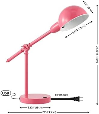 JONATHAN Y Curtis Task Lamp 20.25" Industrial Metal Adjustable USB, Pink