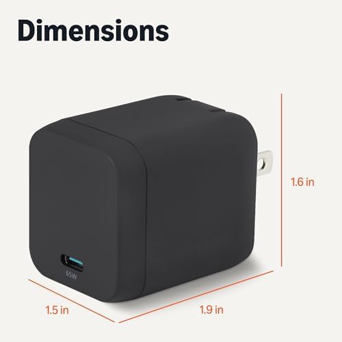 Amazon Basics 65W Fast Charging USB-C GaN Wall Charger, 1-Port PD 3.1, Compact with Foldable Plug for Laptops, Tablets, Phones, Black
