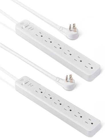 Amazon Basics Rectangle 6-Outlet Surge Protector Power Strip with Circuit Breaker, 600 Joule, 2ft Cord, White, 2-Pack