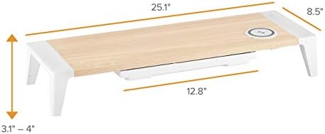 Bostitch Office Wooden Monitor Stand with Wireless Charging Pad, Drawer for Storage, Adjustable Height Riser Includes Removable Non-Skid Rubber Feet - Wood Grain and White (STND-2408WH)
