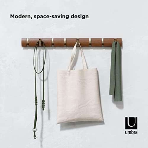 Umbra Flip Coat Rack, Wall Mount 8-Hook, Space Saving, Light Walnut/Warm Gold